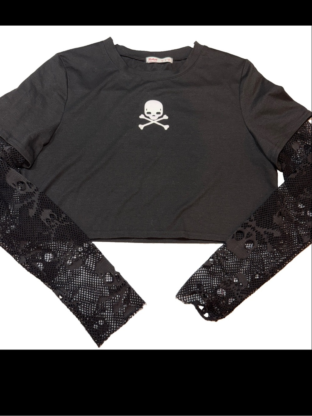 Romwe Black Cropped Top White Skull Crossbones Top Fishnet Skull Sleeves Goth M